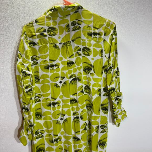 Milk & Honey Shirt Womens Small Green Eye Print Graphic Button Up Rayon - Picture 4 of 7